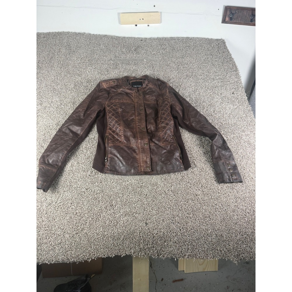 Maurices Womens Brown Faux Leather Quilted Moto Jacket Mixed Media Size L